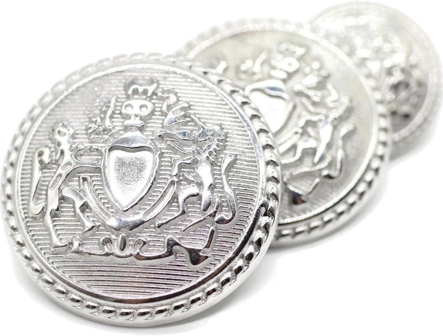 Silver Metal Shank Buttons - 12 Pcs - 3 Size Options - Twin Lion of Kingdom Round Metal Shank Buttons for Men Women Blazer Coat Uniform Shirt Suit and Jacket Sewing Craft DIY N6502