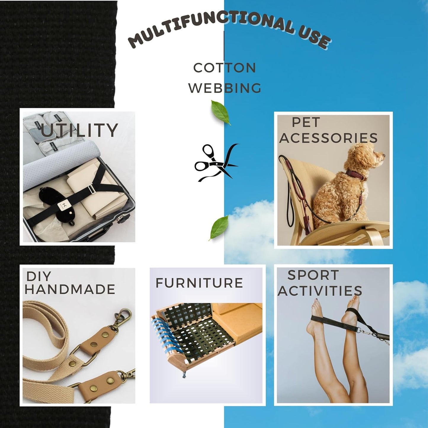 2" & 1.5'' & 1" Cotton Webbing - 5 Yards - 50+ Colors -%100 Natural Cotton - Turkish Woven - 1 Inch 1.5 Inch 2 Inch Black Canvas Webbing for Sewing Straps Bag Climbing Indoors Craft DIY 11514