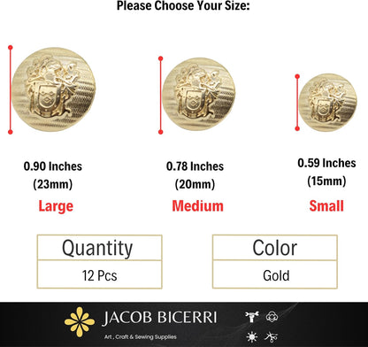 Gold Metal Shank Buttons - 12 Pcs - 3 Size Options - The Knight of Kingdom Round Metal Shank Buttons for Men Women Blazer Coat Uniform Shirt Suit and Jacket Sewing Craft DIY N4303