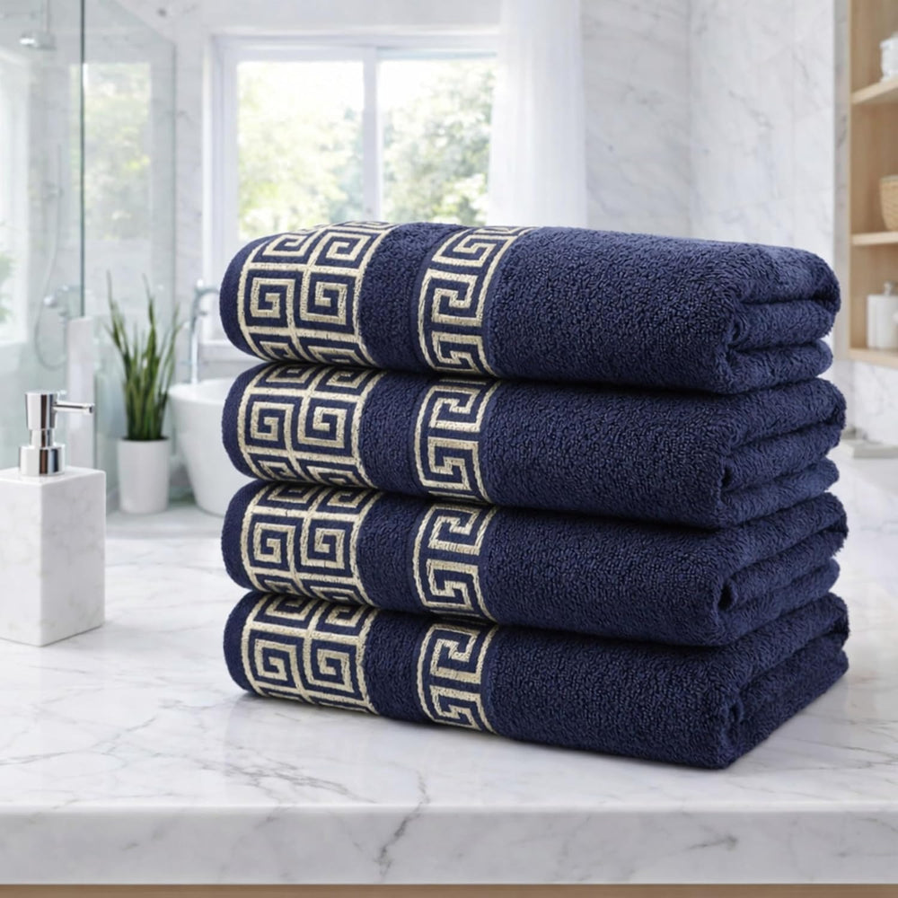 4-Piece Greek Key Bath Towel Set — Navy