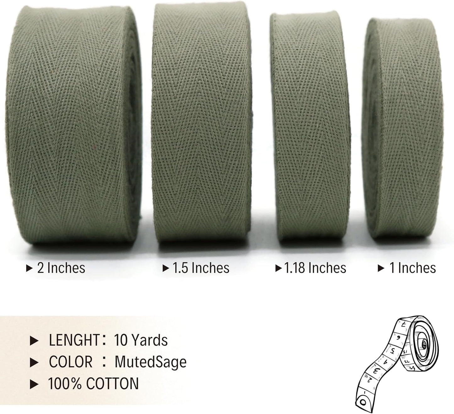 2" & 1.5" & 1.18' & 1" Cotton Herringbone Bias Binding Tape - 10 Yards - Green - 100% Natural Cotton - Sewing, Wrapping, Craft, DIY