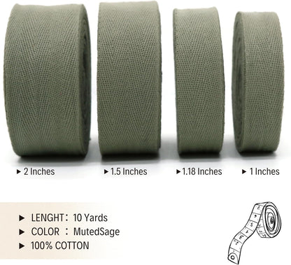2" & 1.5" & 1.18' & 1" Cotton Herringbone Bias Binding Tape - 10 Yards - Green - 100% Natural Cotton - Sewing, Wrapping, Craft, DIY