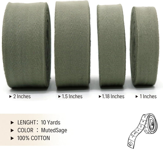 2" & 1.5" & 1.18' & 1" Cotton Herringbone Bias Binding Tape - 10 Yards - Green - 100% Natural Cotton - Sewing, Wrapping, Craft, DIY