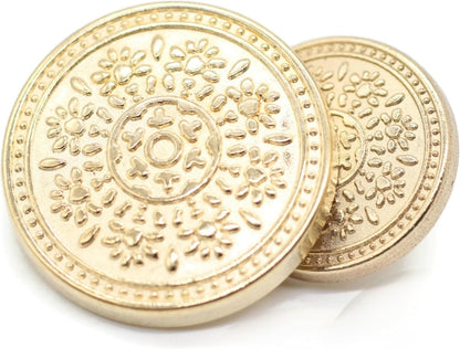 Gold Metal Shank Buttons - 12 Pcs - 2 Size Options - Luxury Floral Round Metal Shank Buttons for Men Women Blazer Coat Uniform Shirt Suit and Jacket Sewing Craft DIY N0802