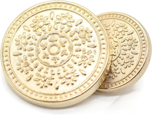Gold Metal Shank Buttons - 12 Pcs - 2 Size Options - Luxury Floral Round Metal Shank Buttons for Men Women Blazer Coat Uniform Shirt Suit and Jacket Sewing Craft DIY N0802