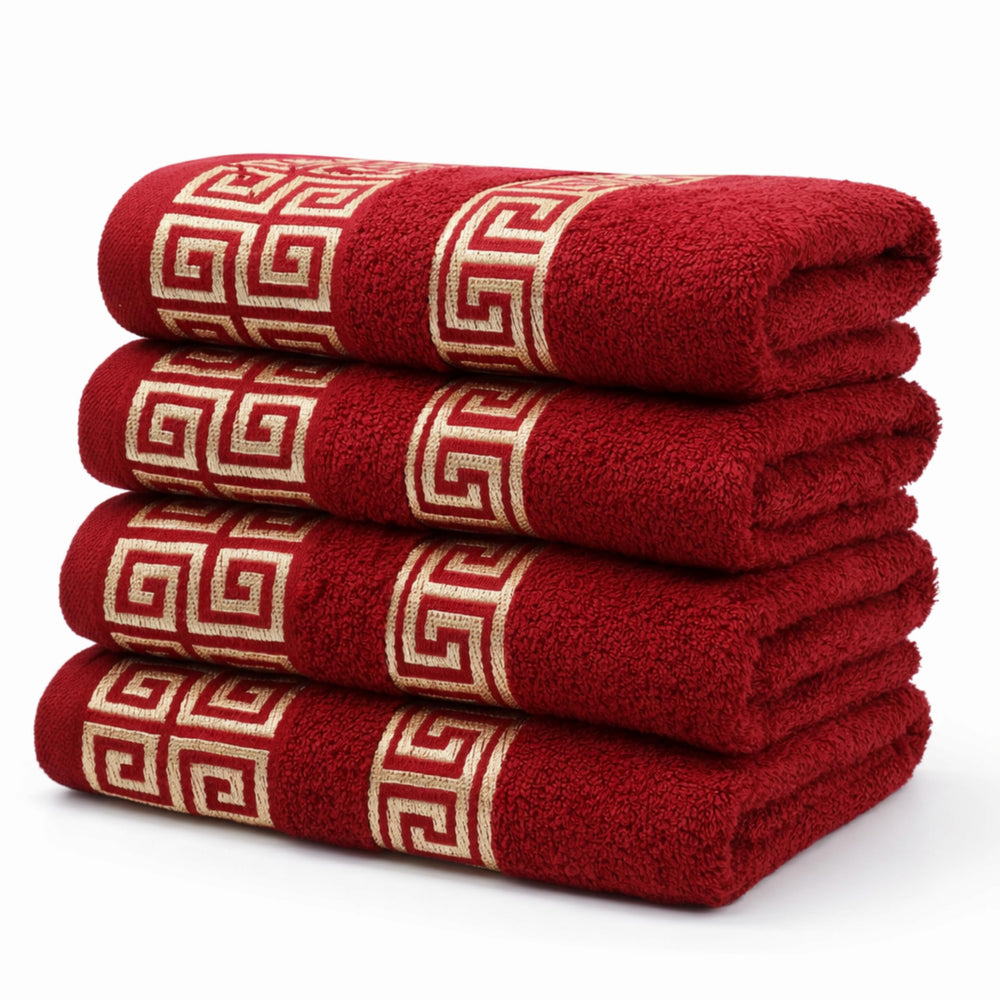 4-Piece Greek Key Bath Towel Set — Burgundy