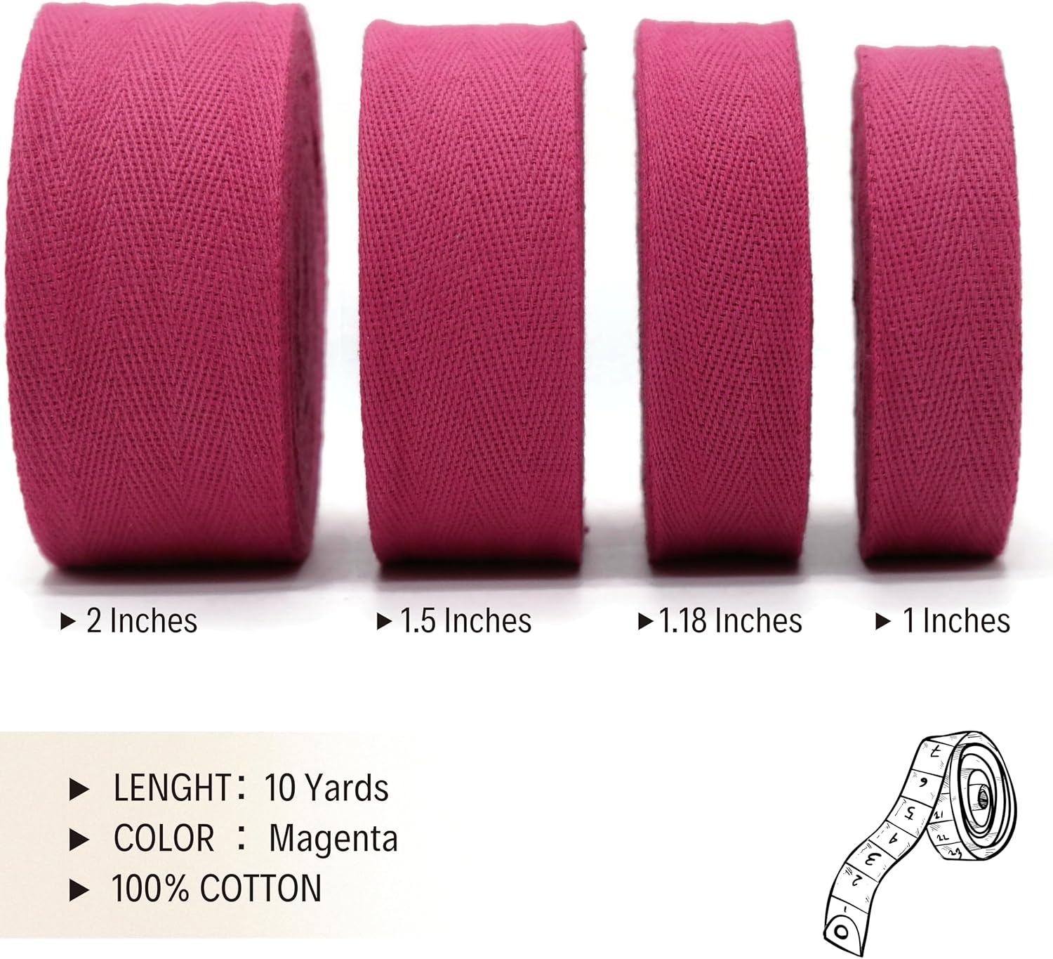 10 Yards Herringbone Cotton Twill Tape - 50+ Colors - Natural Cotton Herringbone Bias Binding Trim for Sewing Wrapping Craft DIY 10225 (Magenta)