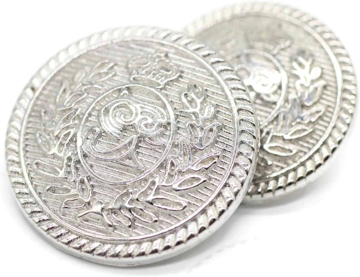 Silver Metal Shank Buttons - 12 Pcs - 2 Size Options - Luxury Floral Kingdom Round Metal Shank Buttons for Men Women Blazer Coat Uniform Shirt Suit and Jacket Sewing Craft DIY N1602