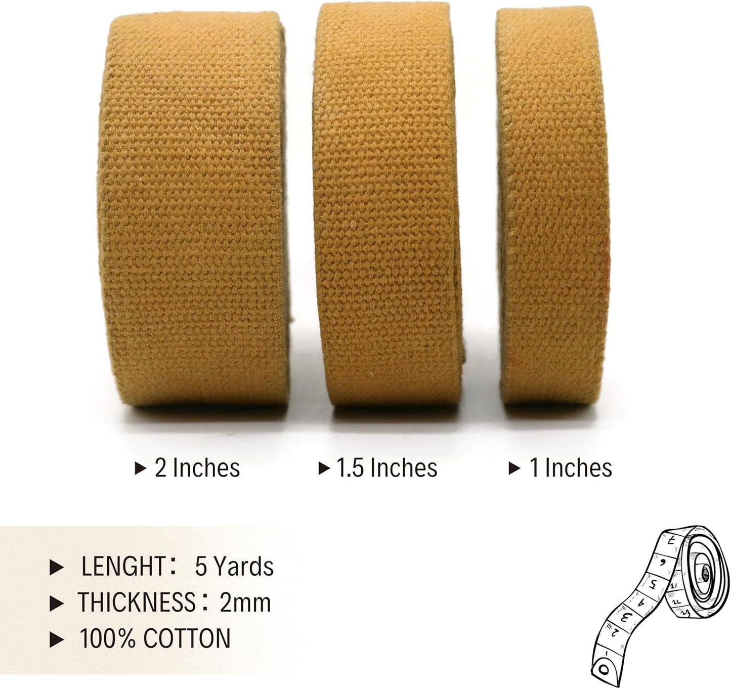 2" & 1.5'' & 1" Cotton Webbing - 5 Yards - 50+ Colors -%100 Natural Cotton - Turkish Woven - Heavy Duty 1 Inch 1.5 Inch 2 Inch Webbing for Sewing Straps Bag Climbing Indoors Craft DIY 11135…