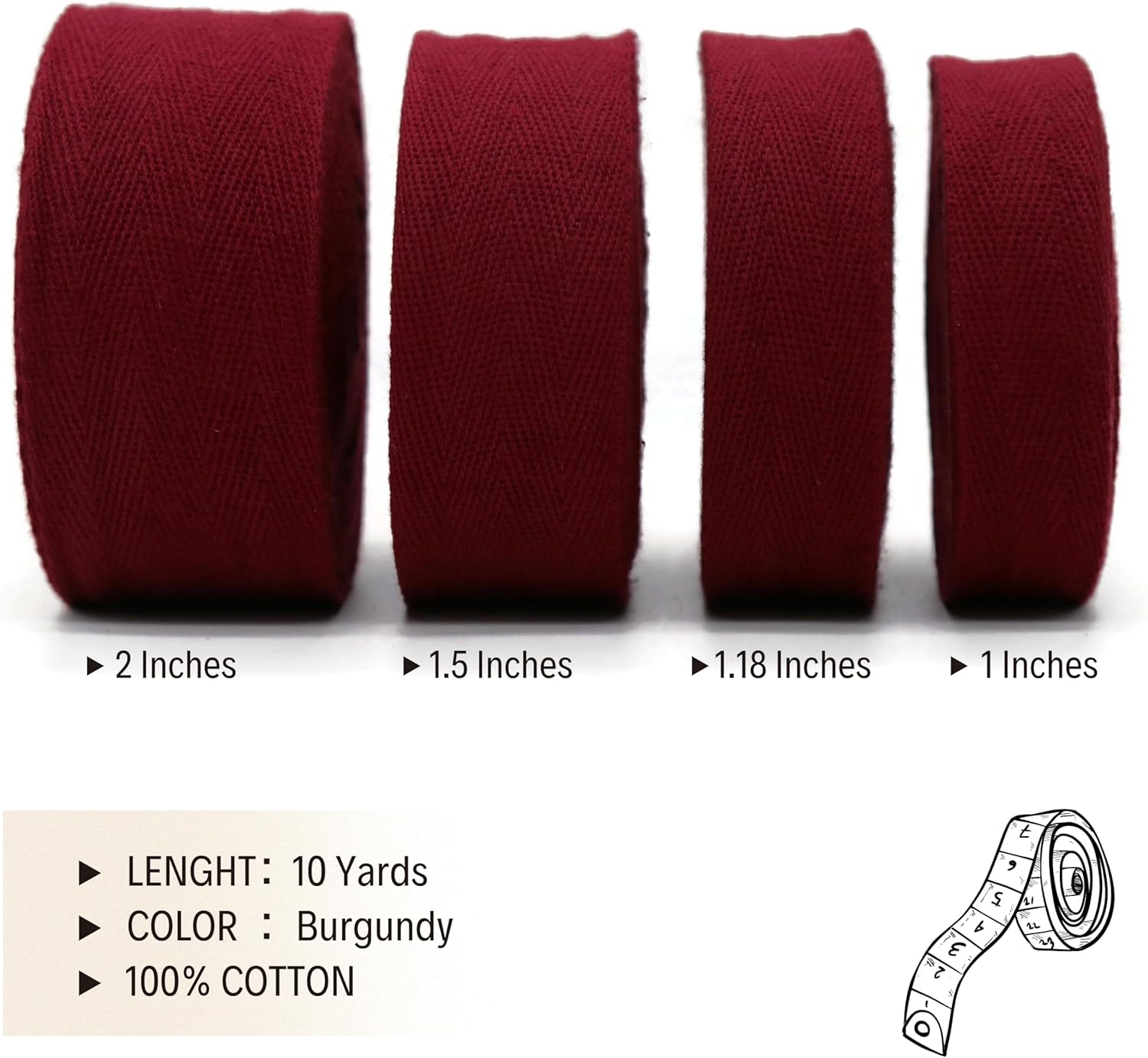 2" & 1.5" & 1.18'' & 1" Cotton Twill Tape - 10 Yards - 50+ Colors -%100 Natural Cotton 1 Inch 1.5 Inch 2 Inch Herringbone Bias Binding Cotton Tape Trim for Sewing Wrapping Craft DIY 10184 (Burgundy)…