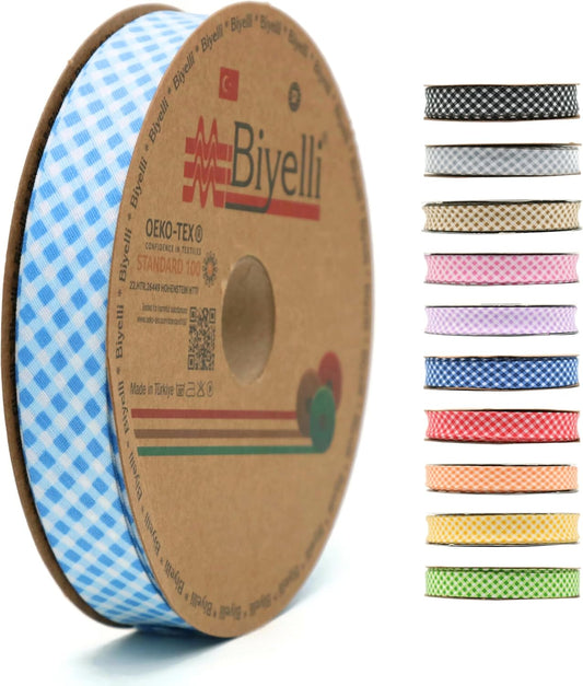 Cotton Fold Bias Binding Tape - 3/4 Inches (20mm) Wide - 27 Yards - Plaid Single Fold Cotton Fold Bias Binding Tape for Sewing Clothing DIY Blue E1