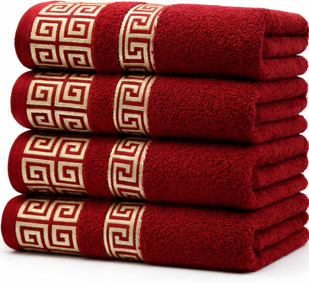 4-Piece Greek Key Bath Towel Set — Burgundy