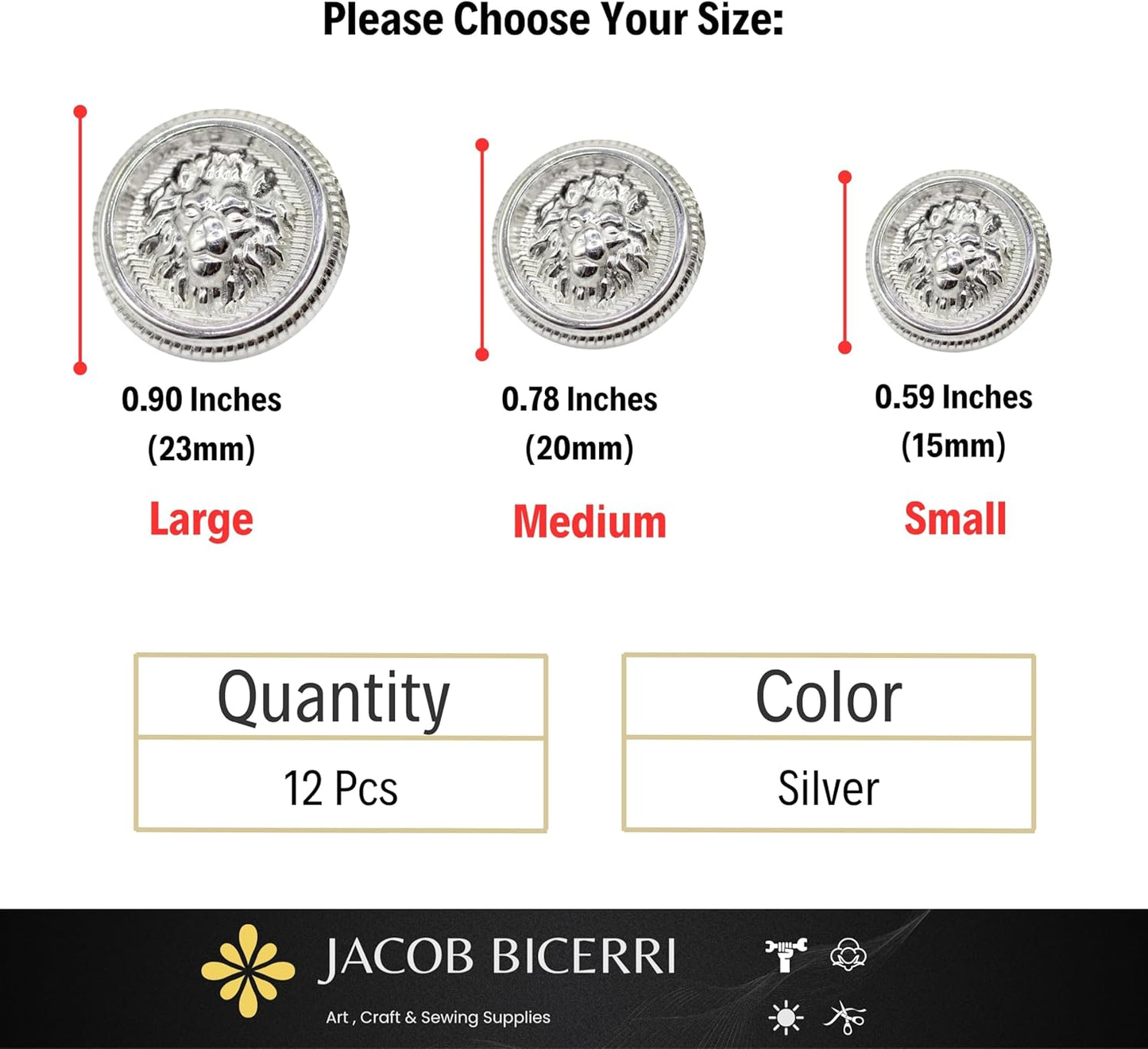 Lion Silver Metal Shank Buttons - 12 Pcs - 3 Size Options - Luxury Crown Round Wave Metal Shank Buttons for Men Women Blazer Coat Uniform Shirt Suit and Jacket Sewing Craft DIY N7203
