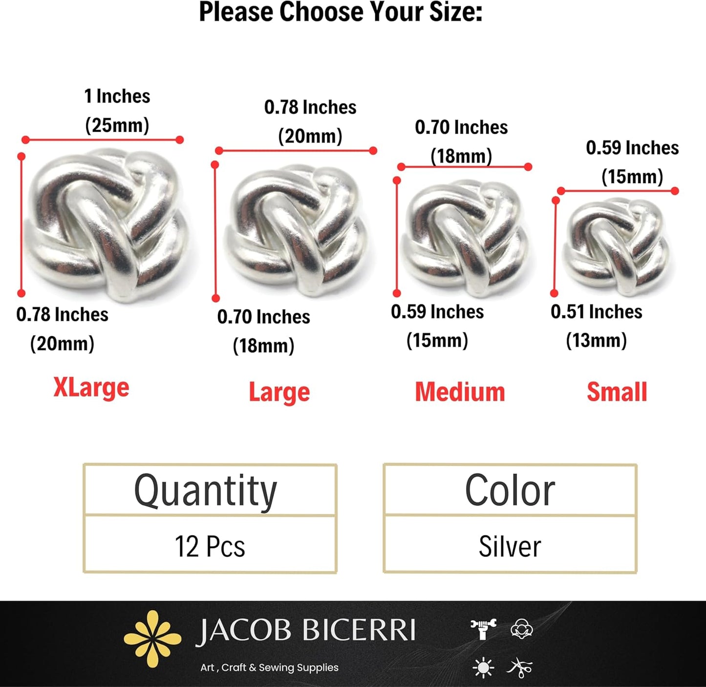 Knot Silver Metal Shank Buttons - 12 Pcs - 4 Size Options - Knot Irregular Metal Shank Buttons for Men Women Blazer Coat Uniform Shirt Suit and Jacket Sewing Craft DIY EM0501