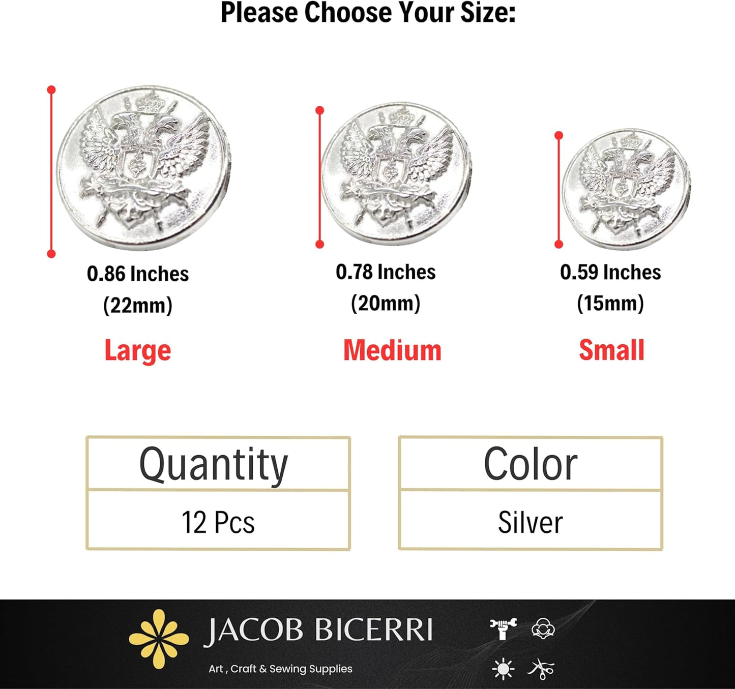 Flat Silver Metal Shank Buttons - 12 Pcs - 3 Size Options - Luxury Eagle Round Wave Metal Shank Buttons for Men Women Blazer Coat Uniform Shirt Suit and Jacket Sewing Craft DIY N9503