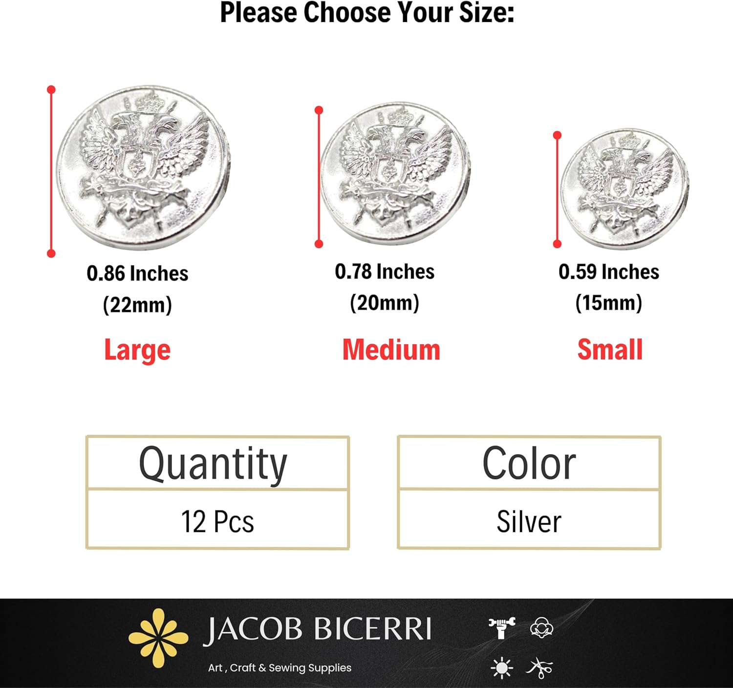 Flat Silver Metal Shank Buttons - 12 Pcs - 3 Size Options - Luxury Eagle Round Wave Metal Shank Buttons for Men Women Blazer Coat Uniform Shirt Suit and Jacket Sewing Craft DIY N9503