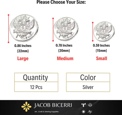Flat Silver Metal Shank Buttons - 12 Pcs - 3 Size Options - Luxury Eagle Round Wave Metal Shank Buttons for Men Women Blazer Coat Uniform Shirt Suit and Jacket Sewing Craft DIY N9503