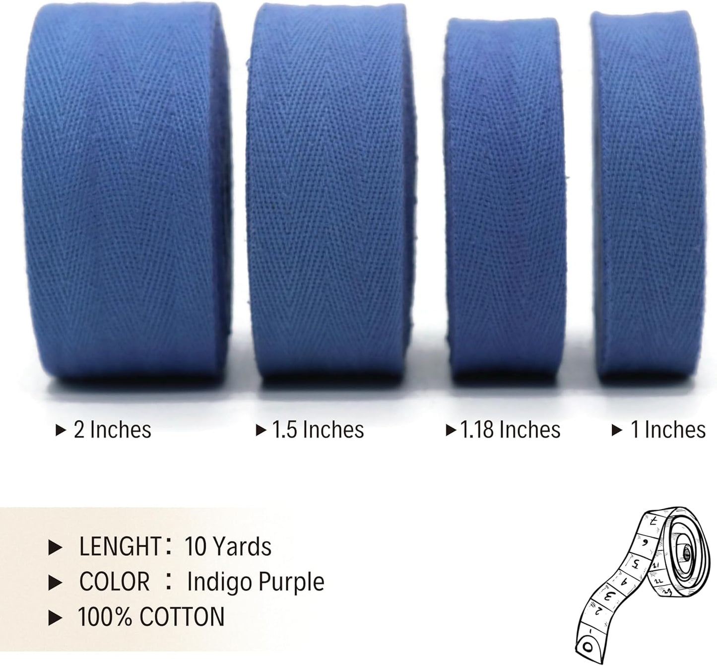 IndigoPurple 2" & 1.5" & 1.18'' Cotton Herringbone Tape - 10 Yards - 50+ Colors - 100% Natural Cotton Herringbone Bias Binding Trim for Sewing Wrapping Craft DIY