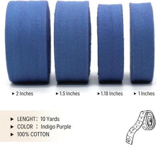 IndigoPurple 2" & 1.5" & 1.18'' Cotton Herringbone Tape - 10 Yards - 50+ Colors - 100% Natural Cotton Herringbone Bias Binding Trim for Sewing Wrapping Craft DIY