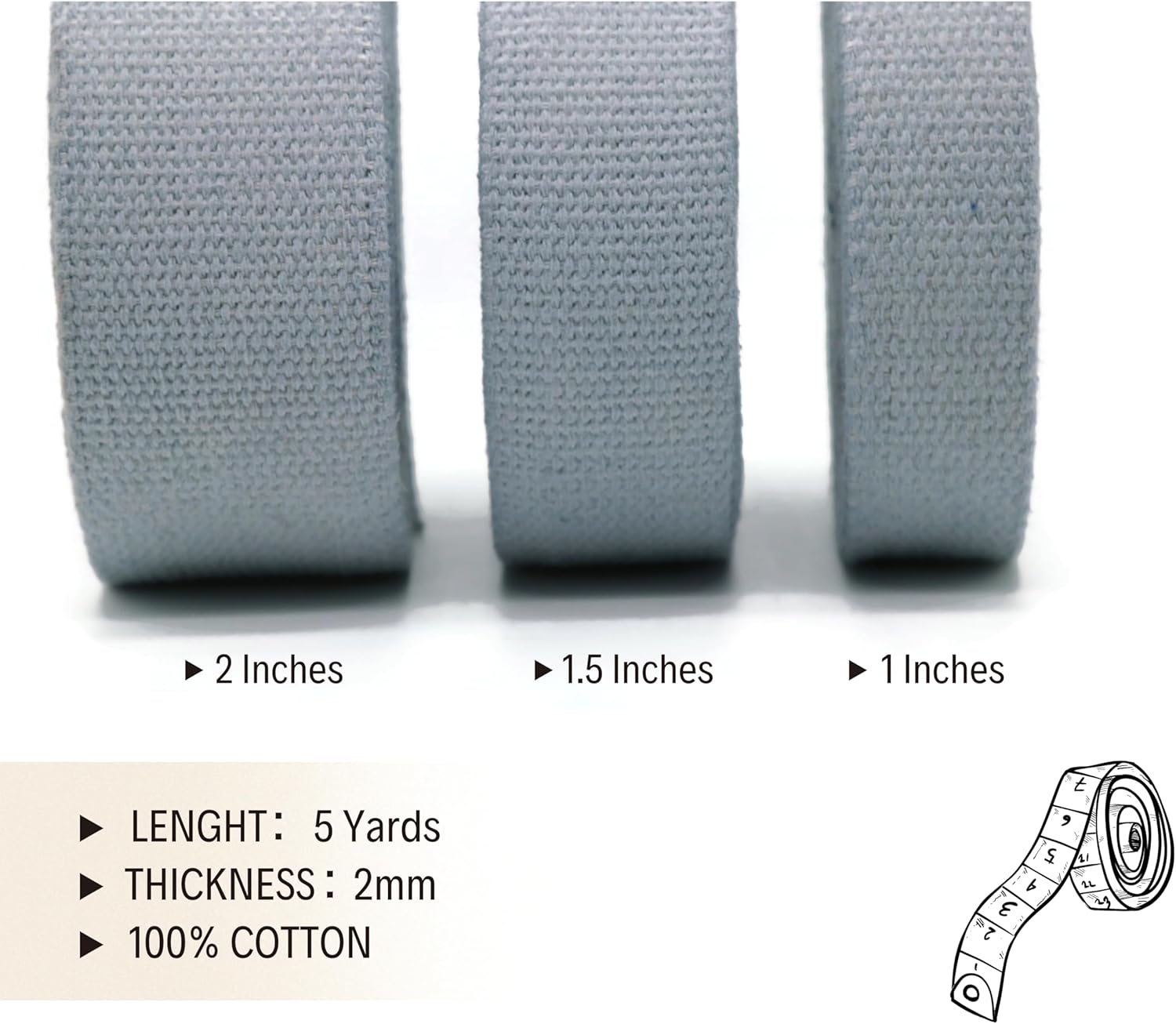 2" & 1.5'' & 1" Cotton Webbing - 5 Yards - 50+ Colors -%100 Natural Cotton - Turkish Woven - Heavy Duty 1 Inch 1.5 Inch 2 Inch Canvas Webbing for Sewing Straps Bag Climbing Indoors Craft DIY 11574