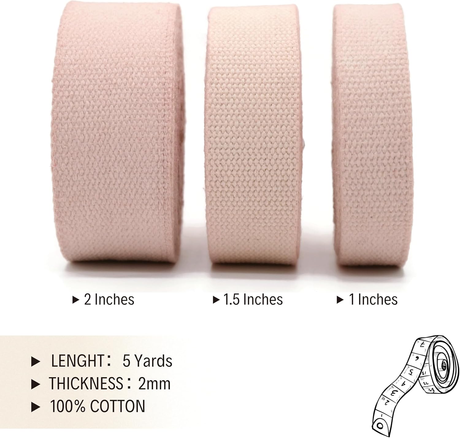 2" & 1.5'' & 1" Cotton Webbing - 5 Yards - 50+ Colors -%100 Natural Cotton - Turkish Woven - Heavy Duty 1 Inch 1.5 Inch 2 Inch Canvas Webbing for Sewing Straps Bag Climbing Indoors Craft DIY 11195…