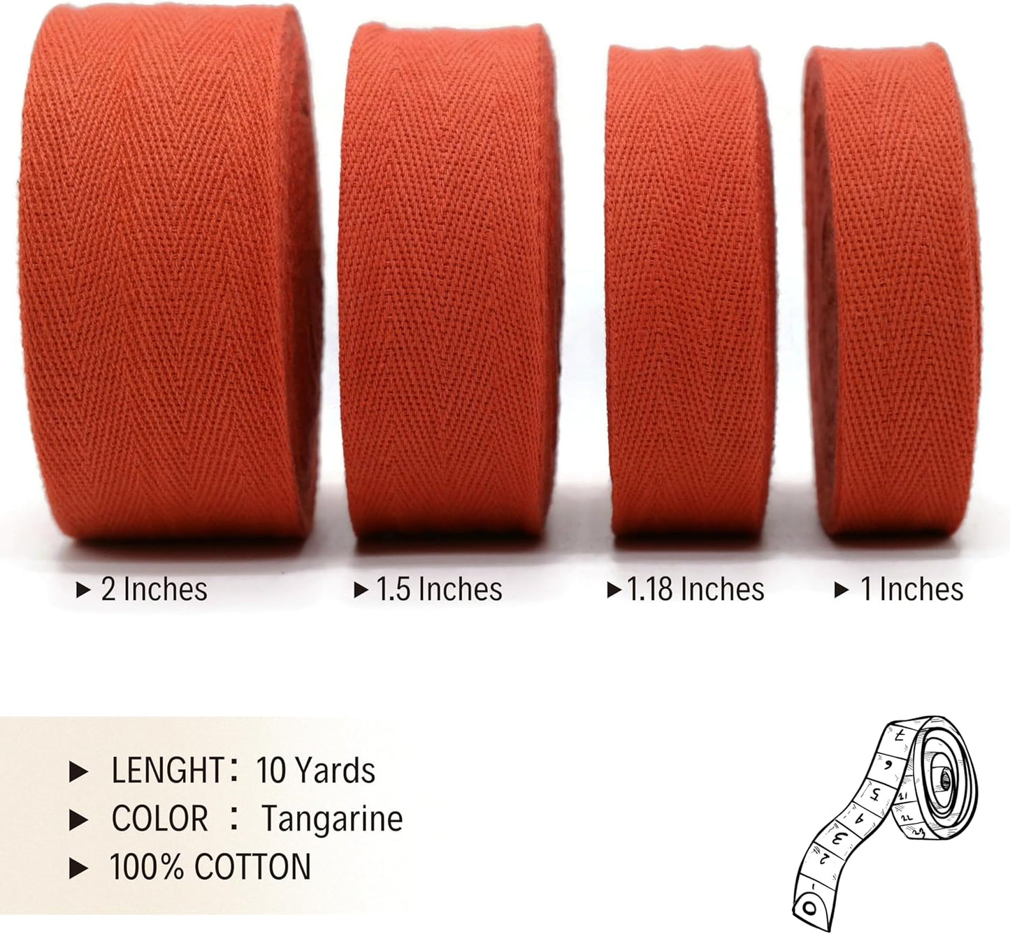 2" & 1.5" & 1.18'' & 1" Cotton Twill Tape - 10 Yards - 50+ Colors -%100 Natural Cotton 1 Inch 1.5 Inch 2 Inch Herringbone Bias Binding Cotton Tape Trim for Sewing Wrapping Craft DIY 10165 (Tangarine)…