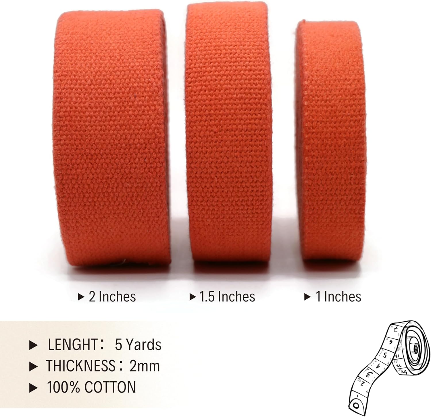 2" & 1.5'' & 1" Cotton Webbing - 5 Yards - 50+ Colors -%100 Natural Cotton - Turkish Weave - Heavy Duty 1 Inch 1.5 Inch 2 Inch Webbing for Sewing Straps Wrapping Climbing Indoors Craft DIY 11165…