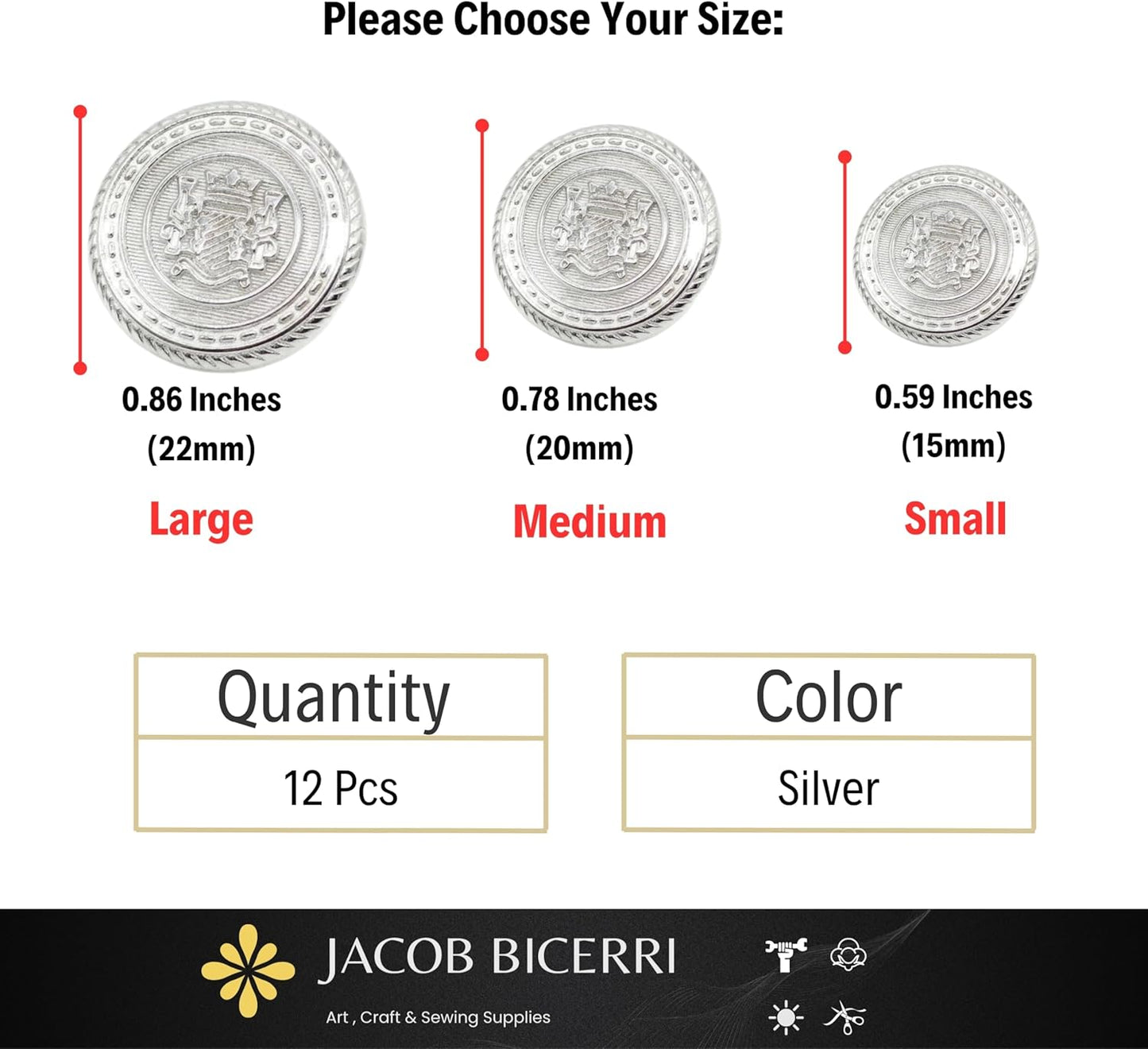 Silver Metal Shank Buttons - 12 Pcs - 3 Size Options - Twin Lion Kingdom Round Metal Shank Buttons for Men Women Blazer Coat Uniform Shirt Suit and Jacket Sewing Craft DIY N5901