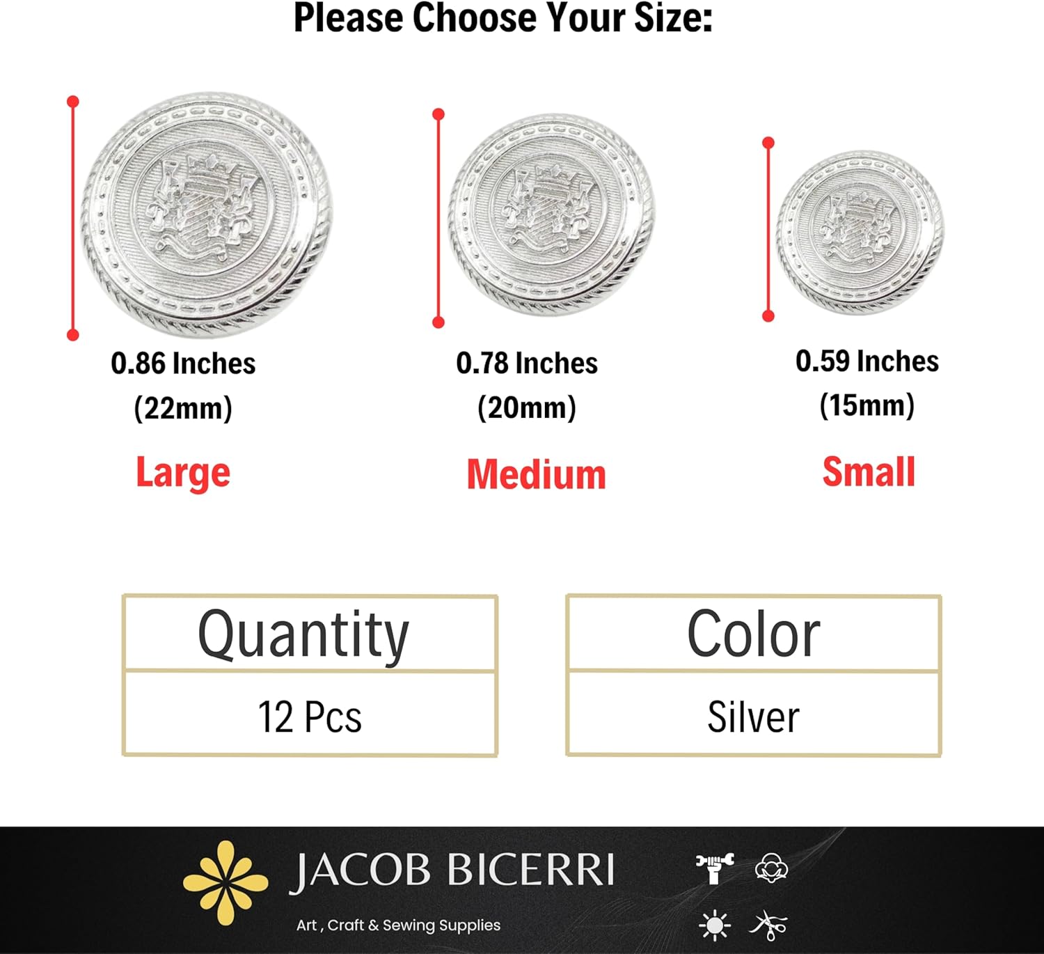 Silver Metal Shank Buttons - 12 Pcs - 3 Size Options - Twin Lion Kingdom Round Metal Shank Buttons for Men Women Blazer Coat Uniform Shirt Suit and Jacket Sewing Craft DIY N5901