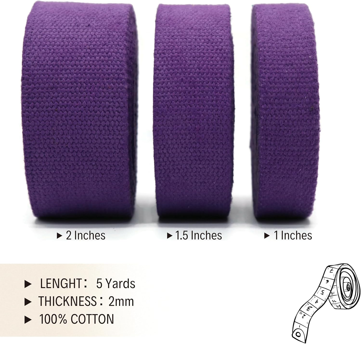 Cotton Webbing 2" & 1.5'' & 1" - 5 Yards - 50+ Colors -%100 Natural Cotton - Turkish Woven - Heavy 1 Inch 1.5 Inch 2 Inch Purple Canvas Webbing for Sewing Straps Bag Climbing Indoors Craft DIY 11245…