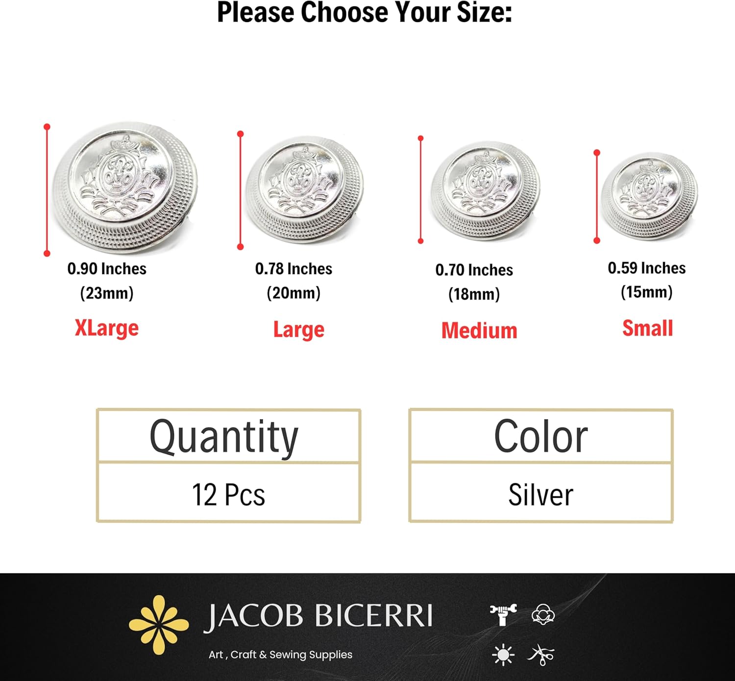 Silver Metal Shank Buttons - 12 Pcs - 4 Size Options - Crown Flat Round Metal Shank Buttons for Men Women Blazer Coat Uniform Shirt Suit and Jacket Sewing Craft DIY N8804