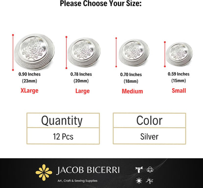 Silver Metal Shank Buttons - 12 Pcs - 4 Size Options - Crown Flat Round Metal Shank Buttons for Men Women Blazer Coat Uniform Shirt Suit and Jacket Sewing Craft DIY N8804