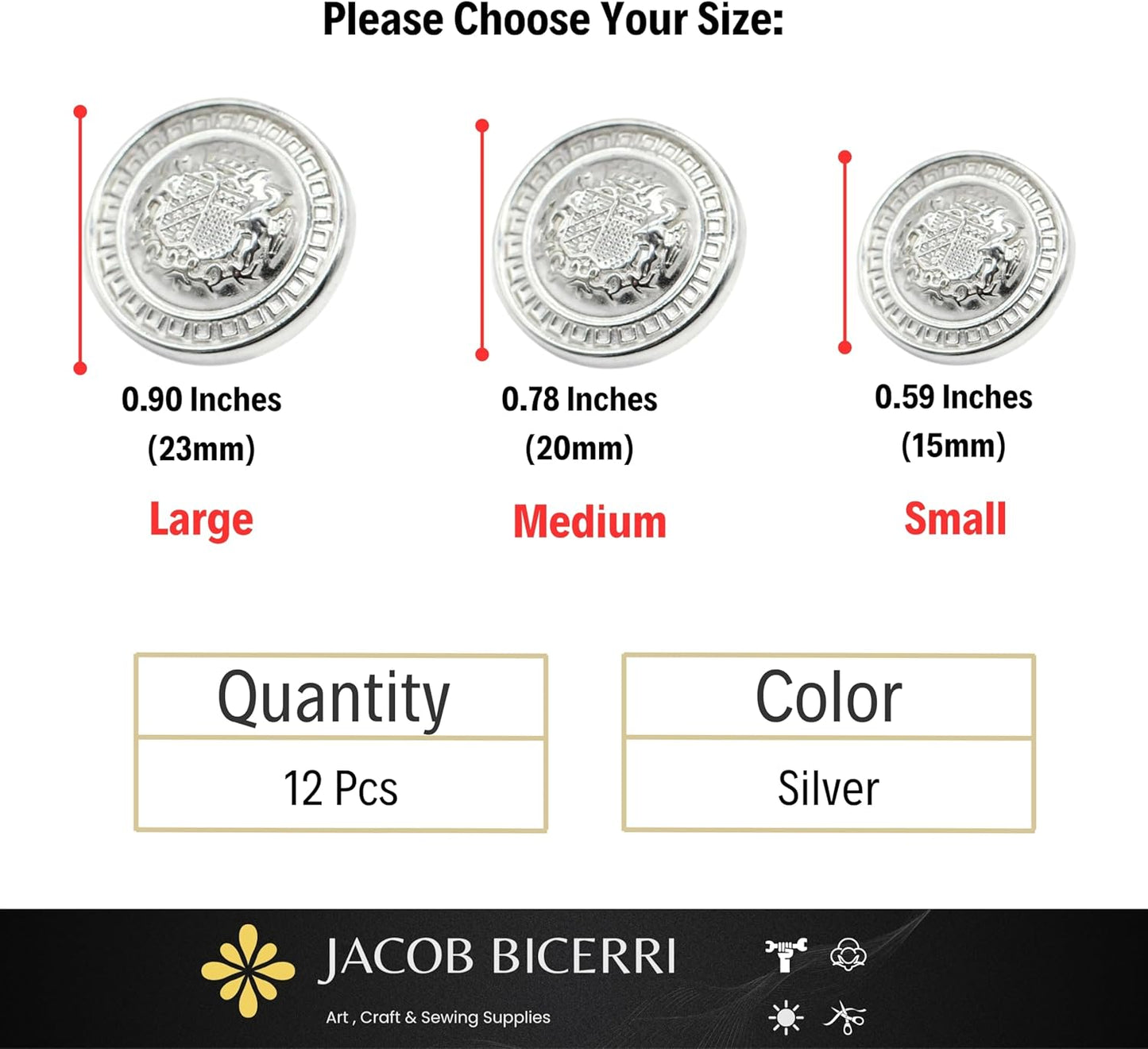 Silver Metal Shank Buttons - 12 Pcs - 3 Size Options - The Kingdom Round Metal Shank Buttons for Men Women Blazer Coat Uniform Shirt Suit and Jacket Sewing Craft DIY N6303