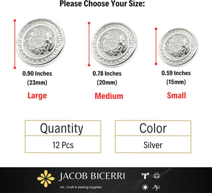 Silver Metal Shank Buttons - 12 Pcs - 3 Size Options - The Kingdom Round Metal Shank Buttons for Men Women Blazer Coat Uniform Shirt Suit and Jacket Sewing Craft DIY N6303