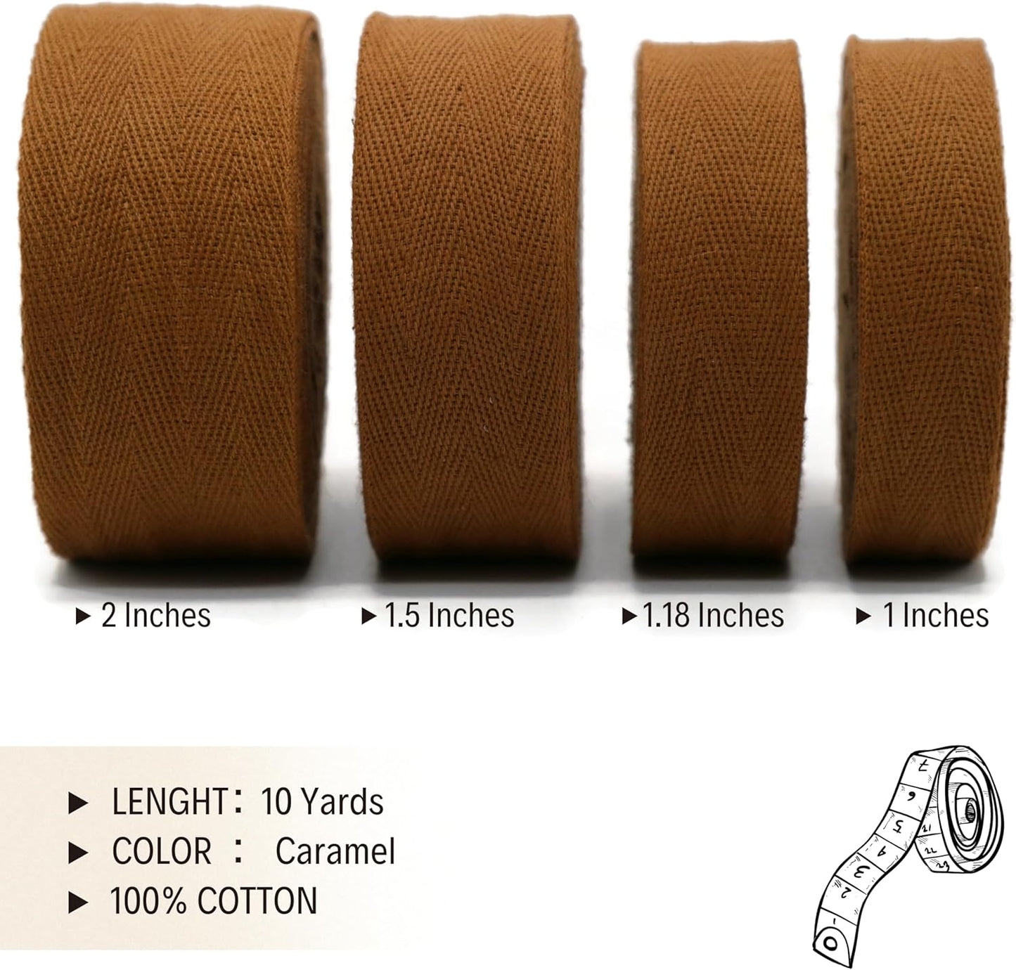 2" & 1.5" & 1.18' & 1" Cotton Herringbone Bias Binding Tape - 10 Yards - Caramel - 100% Natural Cotton - Sewing, Wrapping, Craft, DIY