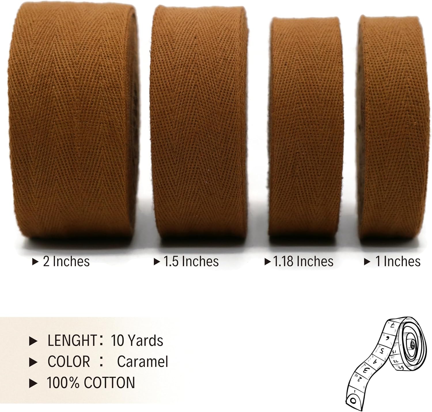 1" & 1.18" & 1.5'' & 2" Cotton Twill Tape - 10 Yards - 50+ Colors -%100 Natural Cotton 1 Inch 1.5 Inch 2 Inch Herringbone Bias Binding Cotton Tape Trim for Sewing Wrapping Craft DIY 10462 (Caramel)…