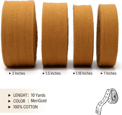 2" & 1.5" & 1.18' & 1" Cotton Herringbone Bias Binding Tape - 10 Yards - 50+ Colors - 100% Natural Cotton - Sewing, Wrapping, Craft, DIY - 10145 (MeriGold)