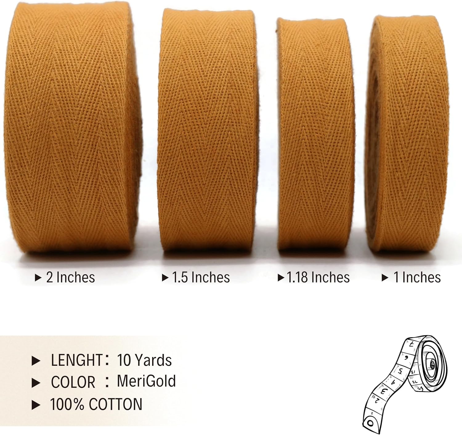 1" & 1.18" & 1.5'' & 2" Cotton Twill Tape - 10 Yards - 50+ Colors -%100 Natural Cotton 1 Inch 1.5 Inch 2 Inch Herringbone Bias Binding Cotton Tape Trim for Sewing Wrapping Craft DIY 10142 (MeriGold)…