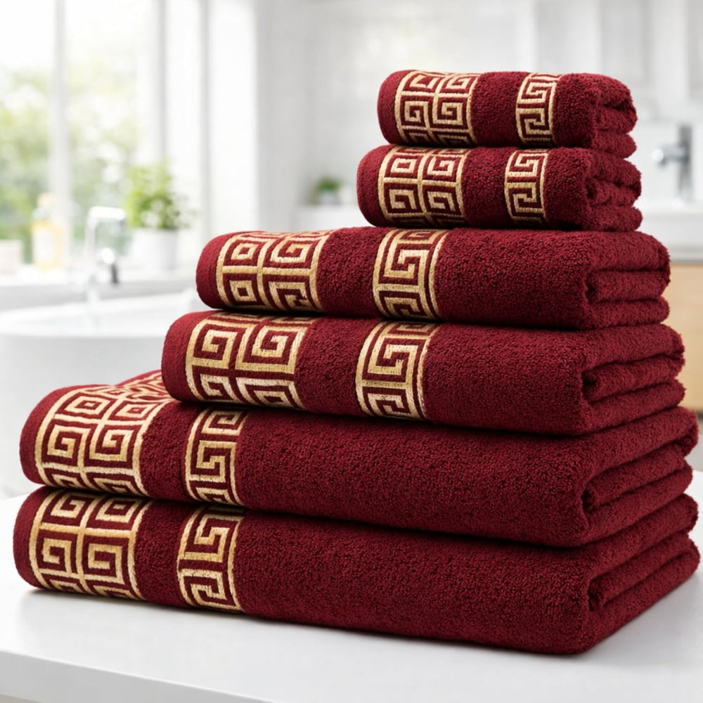 6-Piece Greek Key Towel Set — Burgundy