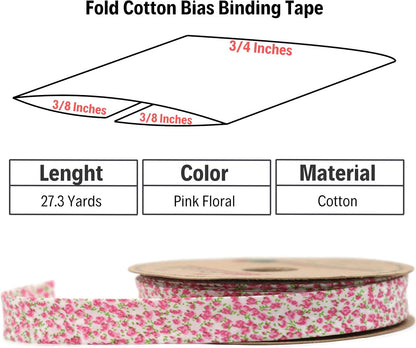 Cotton Fold Bias Binding Tape - 3/4 Inches (20mm) Wide - 27 Yards - Floral Single Fold Cotton Fold Bias Binding Tape for Sewing Clothing DIY Pink A2