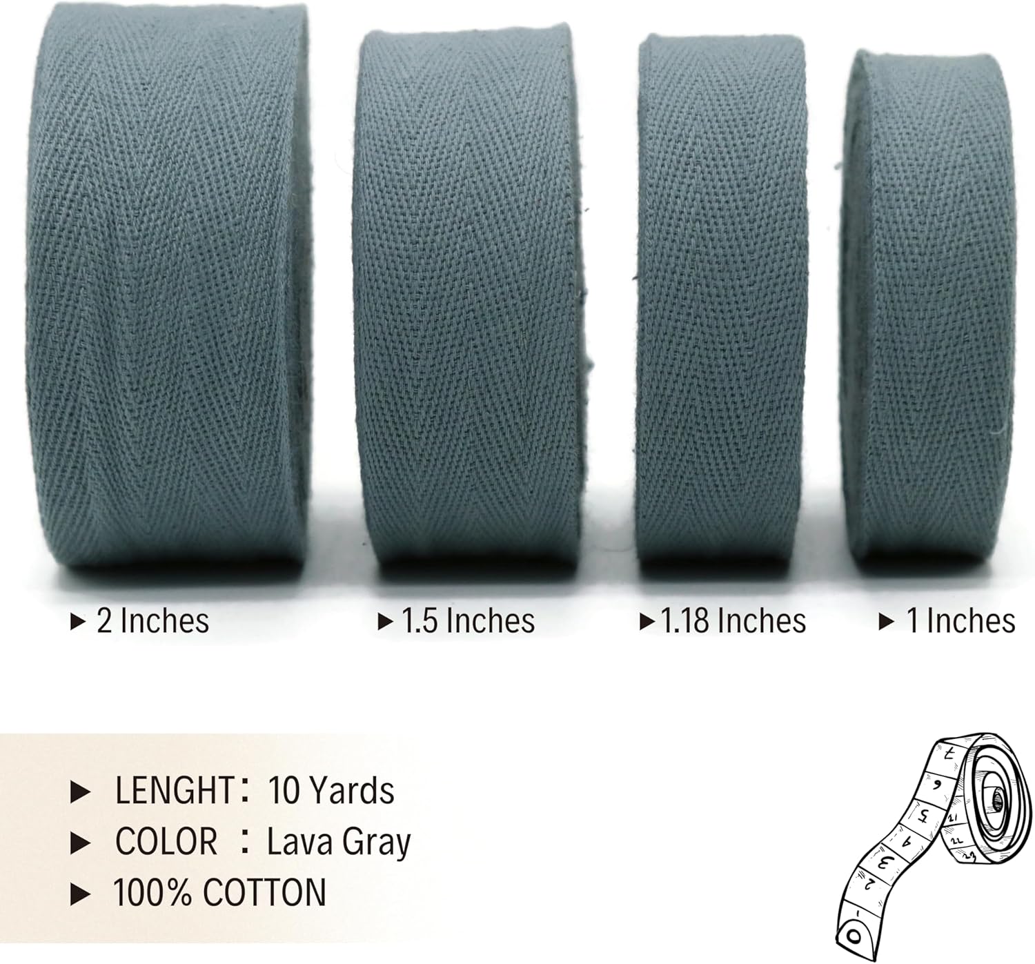 2" & 1.5" & 1.18'' & 1" Cotton Twill Tape - 10 Yards - 50+ Colors -%100 Natural Cotton 1 Inch 1.5 Inch 2 Inch Herringbone Bias Binding Cotton Tape Trim for Sewing Wrapping Craft DIY 10555(LavaGray)…