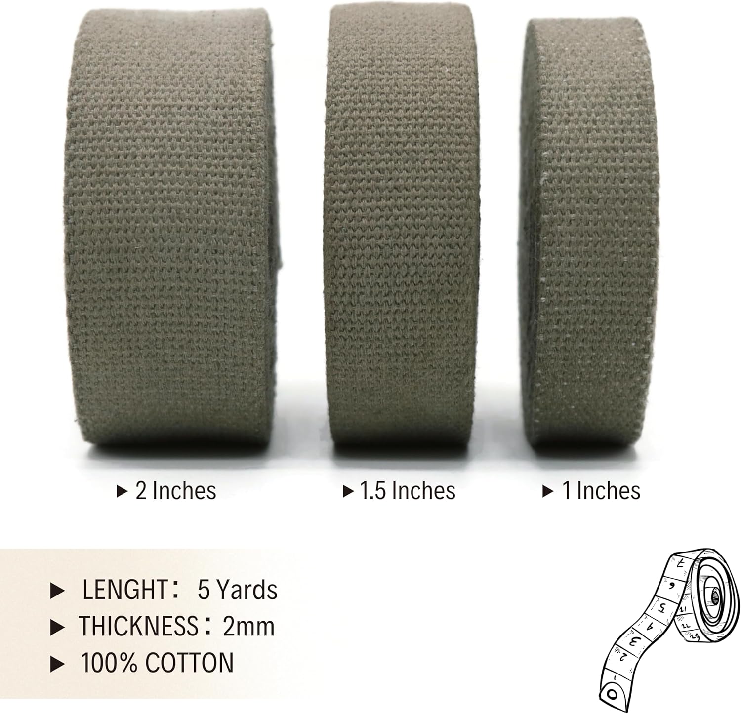 Cotton Webbing 2" & 1.5'' & 1" - 5 Yards - 50+ Colors -%100 Natural Cotton - Turkish Woven - 1 Inch 1.5 Inch 2 Inch MutedSage Canvas Webbing for Sewing Straps Bags Climbing Indoors Craft DIY 11285…