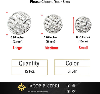 Silver Metal Shank Buttons - 12 Pcs - 3 Size Options - Weave Round Metal Shank Buttons for Men Women Blazer Coat Uniform Shirt Suit and Jacket Sewing Craft DIY N7401