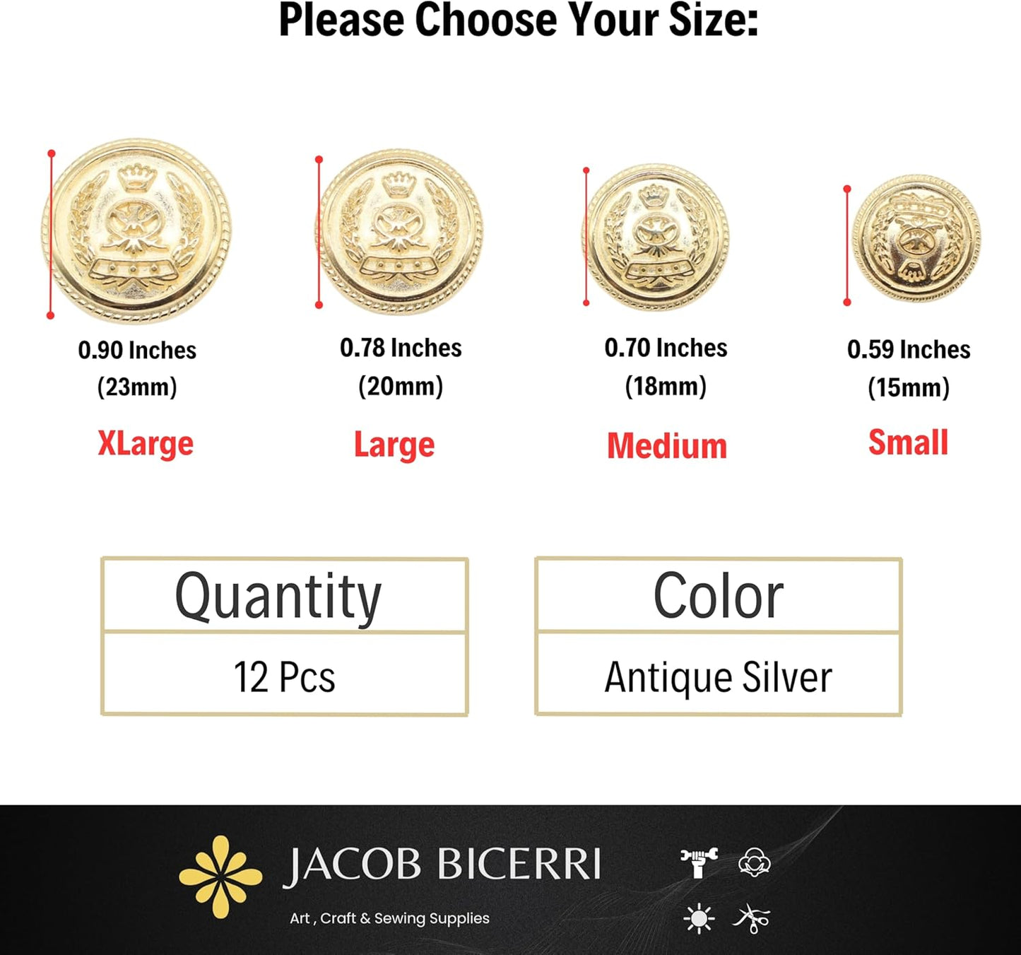 Gold Metal Shank Buttons - 12 Pcs - 4 Size Options - Crown Round Metal Shank Buttons for Men Women Blazer Coat Uniform Shirt Suit and Jacket Sewing Craft DIY N5701