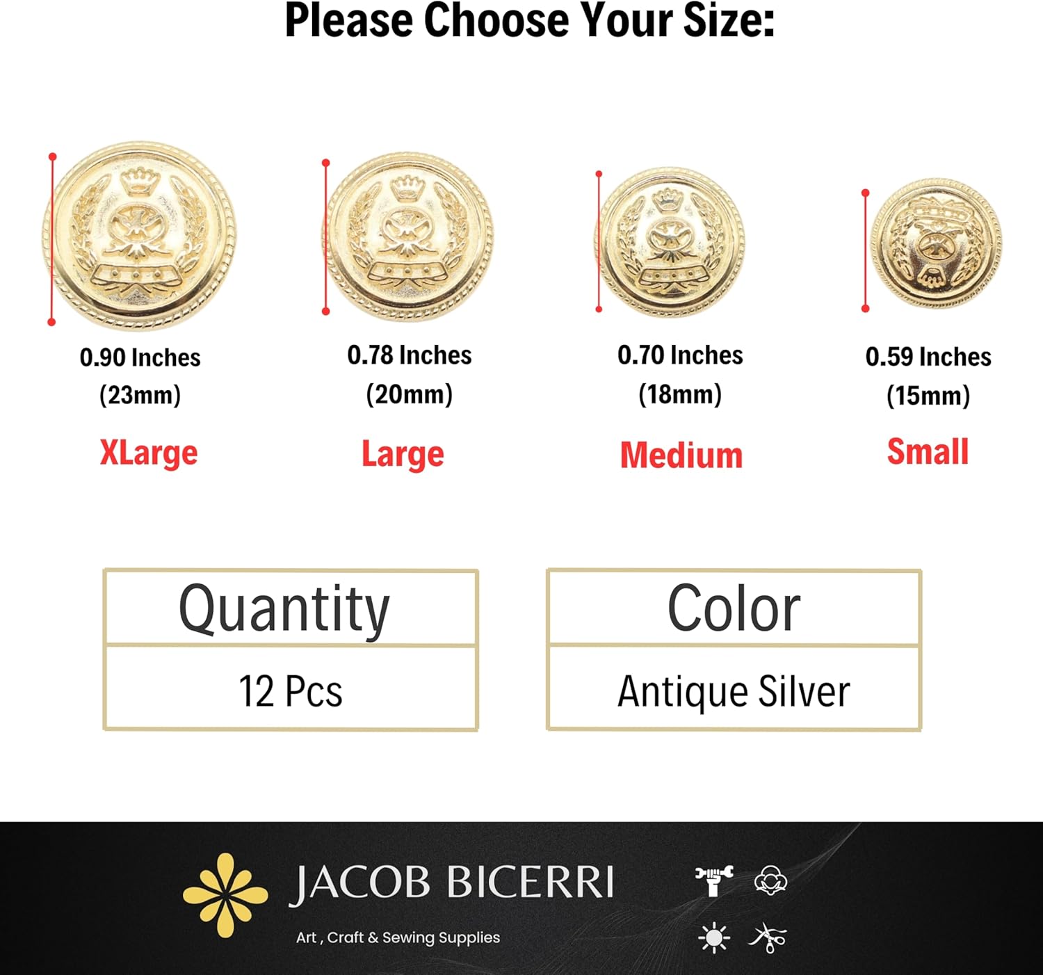 Gold Metal Shank Buttons - 12 Pcs - 4 Size Options - Crown Round Metal Shank Buttons for Men Women Blazer Coat Uniform Shirt Suit and Jacket Sewing Craft DIY N5701