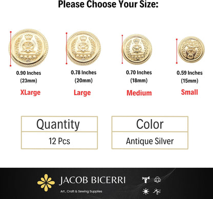 Gold Metal Shank Buttons - 12 Pcs - 4 Size Options - Crown Round Metal Shank Buttons for Men Women Blazer Coat Uniform Shirt Suit and Jacket Sewing Craft DIY N5701