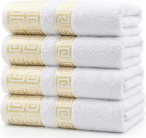 Luxury 4 Piece Bath Towel Set with Greek Key Design - 100% Cotton Soft & Absorbent Bathroom 27x54 in Extra Large Towels - Quick Dry, Plush & Durable - White Towels Set for Home, Spa & Hotel Use AA2