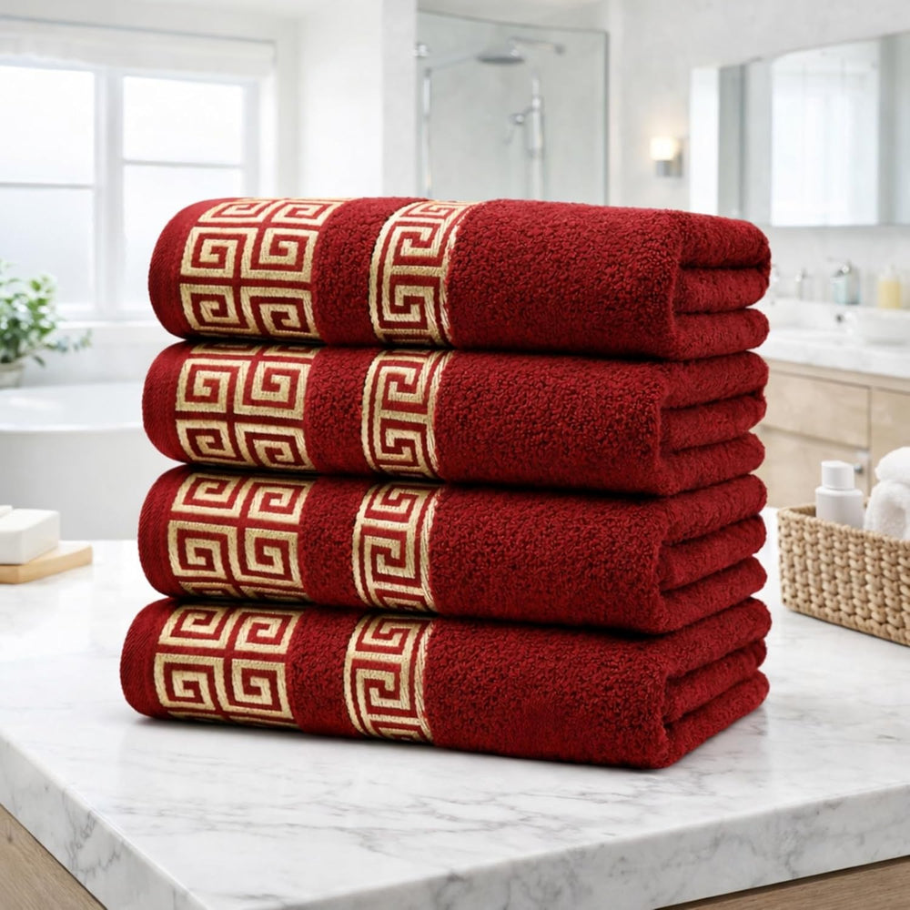 4-Piece Greek Key Bath Towel Set — Burgundy