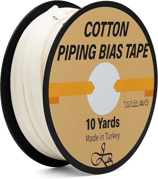 Piping Trim Bias Tape with Cord - 10 Yards - 65+ Colors - 1/2 Inch Decorative Sewing Trim for Upholstery Cushions Home Décor Crafting Clothing - Durable Cotton - Ivory White ID02