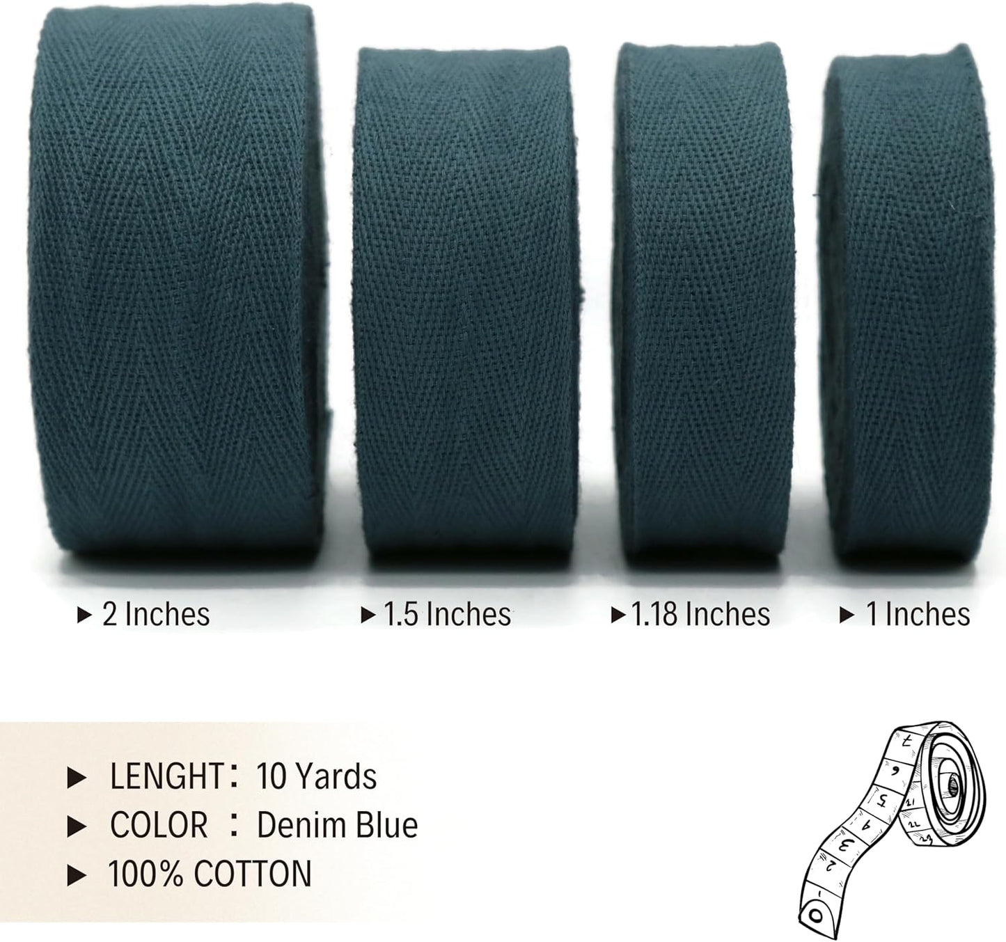 2" & 1.5" & 1.18'' & 1" Cotton Twill Tape - 10 Yards - 50+ Colors -%100 Natural Cotton 1 Inch 1.5 Inch 2 Inch Herringbone Bias Binding Cotton Tape Trim for Sewing Wrapping Craft DIY 10445 (DenimBlue)…